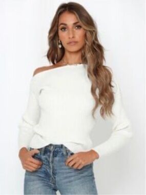 Hello Molly Off-Shoulder Asymmetrical White Women’s Sweater